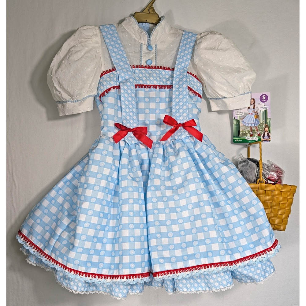 Wizard of Oz Dorothy Costume Kids Small 4-6 Gingham Dress Basket Toto Set